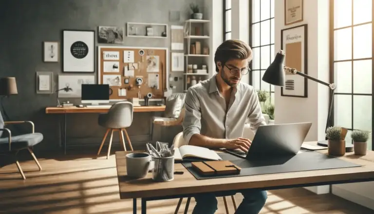 DALL·E 2024-09-20 21.51.45 - A professional freelancer working on a laptop in a stylish home office. The scene includes a desk with a cup of coffee, a notebook, and modern decor.